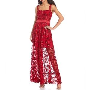 Sleeveless Sweetheart-Neck Corset Bodice Sequin-Patterned-Overlay Ball Gown red